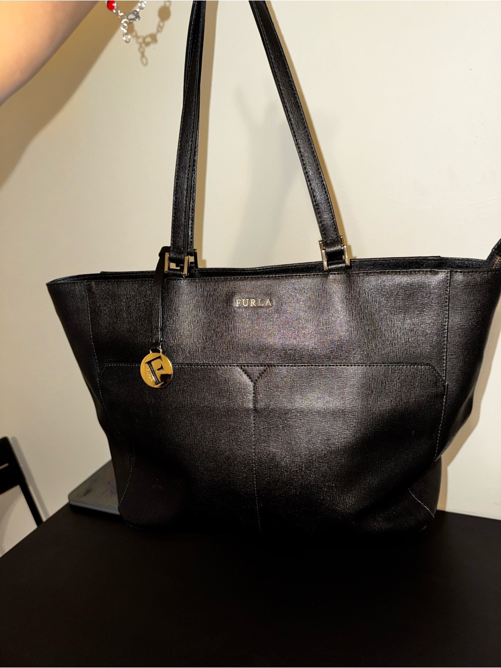 Furla Black Leather Tote with Gold Accent Charm - Picture 2 of 12
